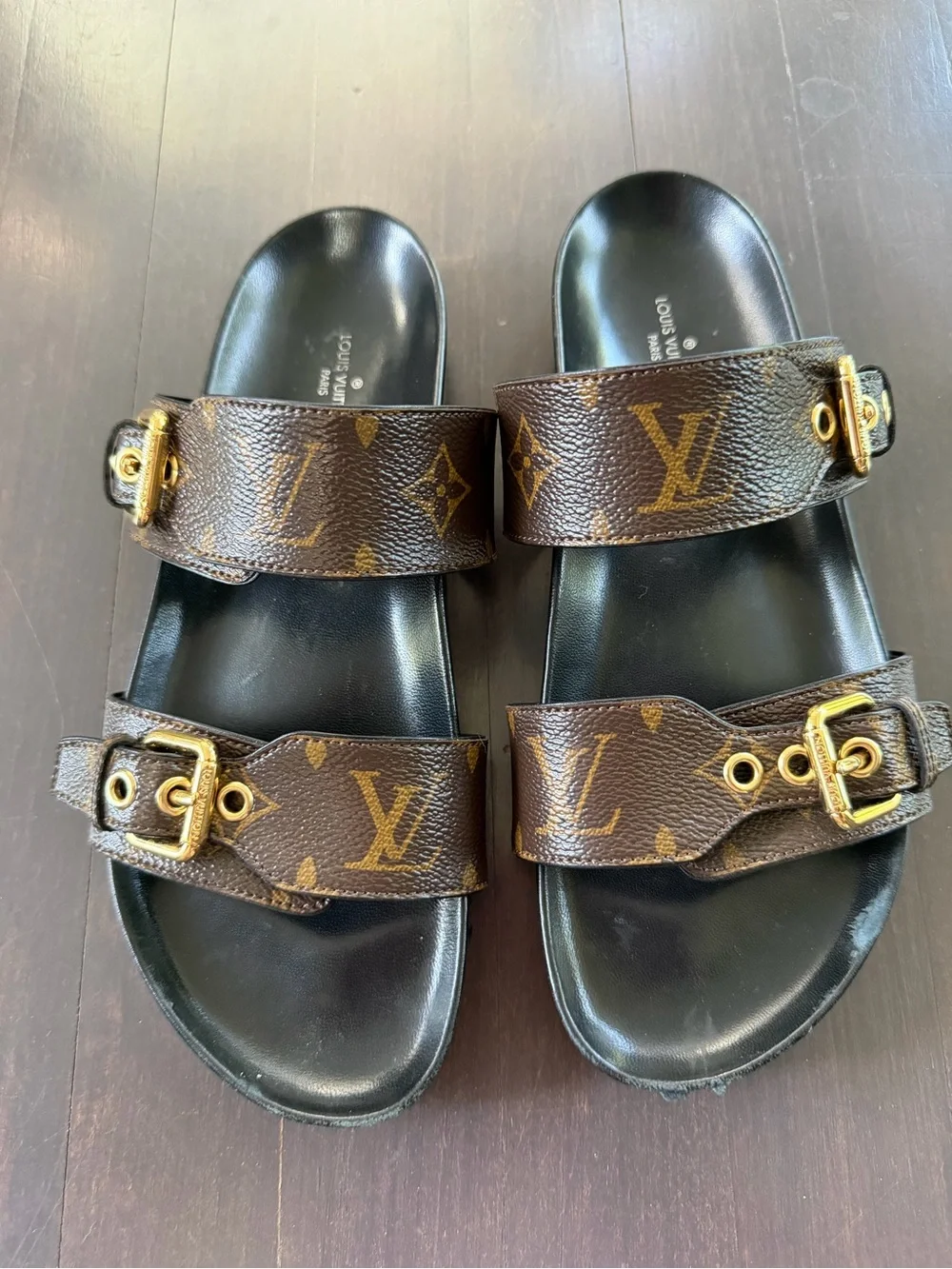 Louis vuitton Canvas Leather Logo Brown Slides Size: 8.5 | IT 38.